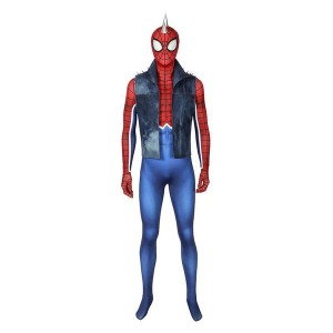 Spider-Man PS4 Peter Parker Spiderman Punk Rock Elastic Force Jumpsuit Cosplay Costume with Headgear and Vest Jacket