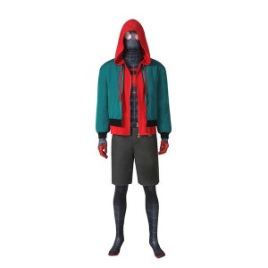 Movie Spider-Man: Into the Spider-Verse Miles Morales Spiderman Elastic Force Cosplay Costume Jumpsuit with Free Headgear, Coat, Pants and Belt