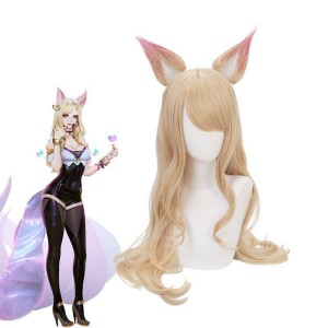 LOL KDA Nine-Tailed Fox Ahri Long Straight Blonde Cosplay Wigs With Ears