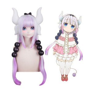 Anime Miss Kobayashis Dragon Maid Kanna Kamui Long Mixed Purple Cosplay Wigs with Free Dragon Horn Headdress