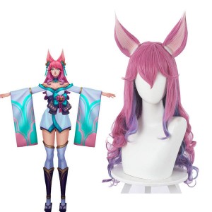 Game LOL Spirit Blossom Ahri Pink Long Wavy Cosplay Wigs