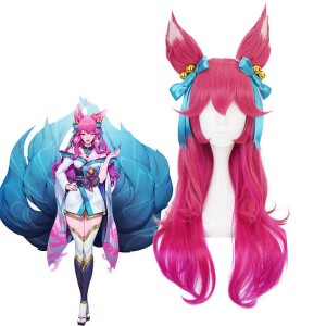 Game LOL Spirit Blossom Skin Ahri 80cm Long Red Gradient Purple Wavy Cosplay Wigs with Headwear