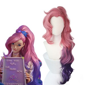 LOL Seraphine Cosplay Wig 100cm Long Ponytail Pink Gradient Purple Wavy Wigs