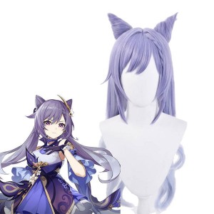 Game Genshin Impact Keqing Ponytails Mixed Purple Cosplay Wig with Ears