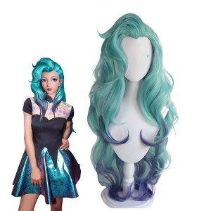 Game LOL KDA All Out Seraphine 100cm Long Green Gradient Purple Wavy Cosplay Wigs