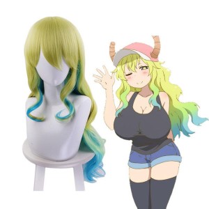 Anime Miss Kobayashis Dragon Maid Lucoa Long Wavy Mixed Green Cosplay Wigs