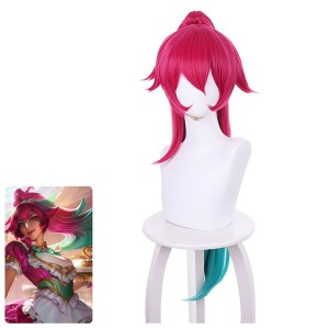 Game LOL Cafe Cutie Sivir Rose Red Gradient Green Long Ponytail Cosplay Wigs